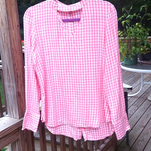 Maurices Checker Keyhole Front Button Down Back Long Sleeve Blouse Top Sz M - Picture 2 of 9